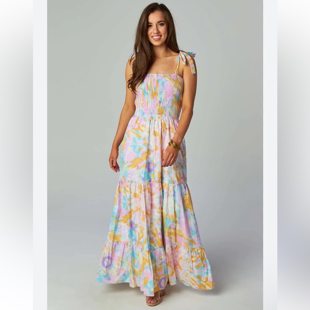 BuddyLove Stephanie Tiered Maxi Dress Tie Dye Smocked Cotton Large NEW
